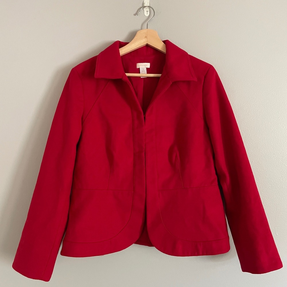 Chico's Jacket Women 1 Medium Red Hidden Closure Blazer Professional Classic